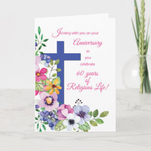 Carte 60e anniversaire, Nun, Religious Life Cross et Fl