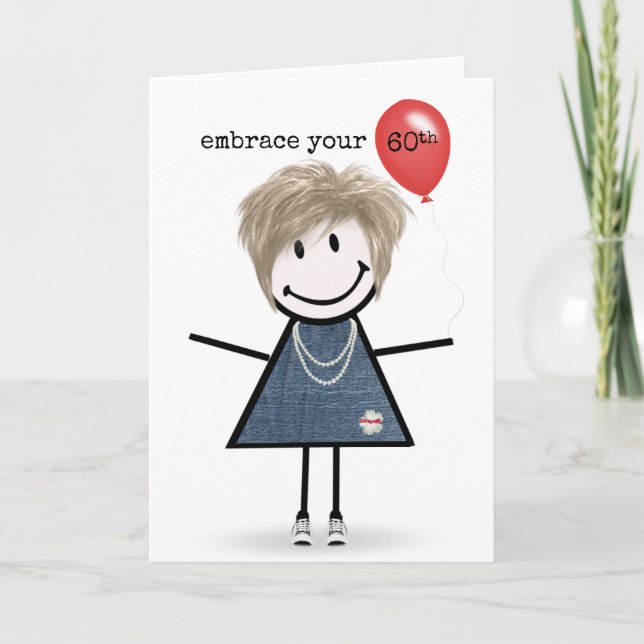 Carte 60e Anniversaire Stick Figure Girl avec Ballons Ro (Devant)