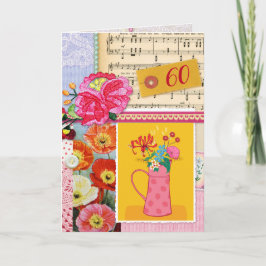 Carte 60e Joyeux anniversaire Collage d'art floral scrap