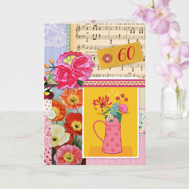 Carte 60e Joyeux anniversaire Collage d'art floral scrap (Orchidée)