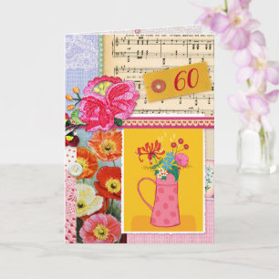 Carte 60e Joyeux anniversaire Collage d'art floral scrap
