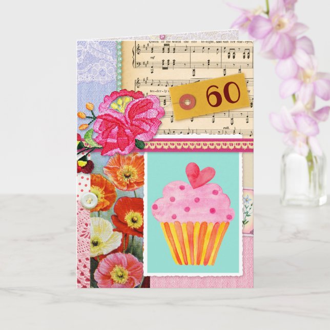 Carte 60e Joyeux anniversaire Collage scrapbook cupcake (Orchidée)