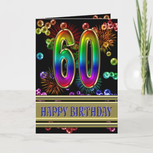 Carte 60ème anniversaire avec bulles arc-en-ciel et feux (Devant)