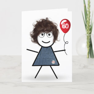 Carte 60ème Anniversaire Stick Girl avec Ballons Rouge