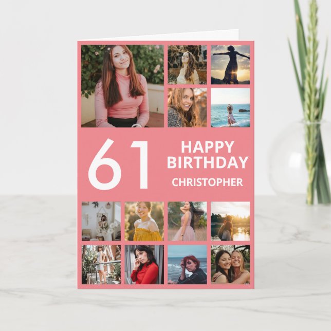 Carte 61e anniversaire Collage photo 13 photos rose et b (Devant)