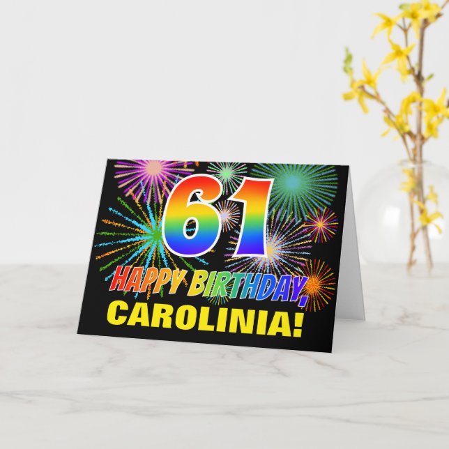 Carte 61e anniversaire : Gras, Amusants, Feu d'artifice, (Fleur jaune)