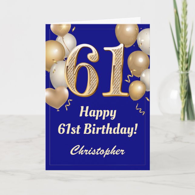 Carte 61e anniversaire Marine Bleu et Ballons d'or Confe (Devant)