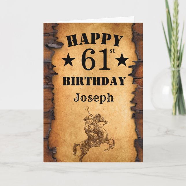 Carte 61e Anniversaire Rustique Pays Ouest Cowboy Horse (Devant)