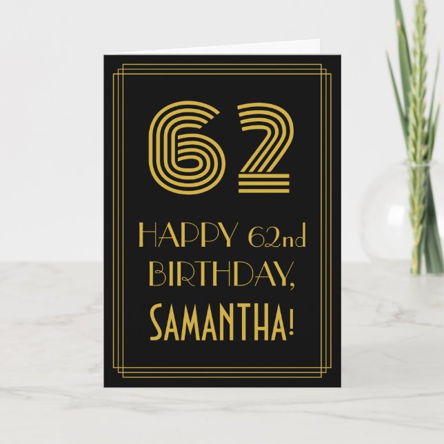 Carte 62e anniversaire : Art Déco Inspiré Look "62" & No (Devant)
