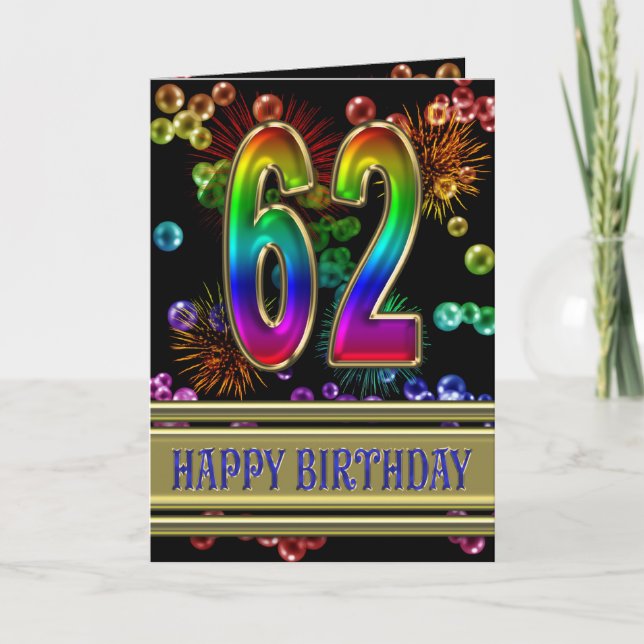 Carte 62e anniversaire avec bulles arc-en-ciel et feux d (Devant)