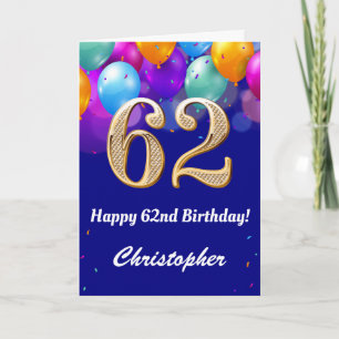Carte 62e anniversaire Ballons bleu et or couleur marine