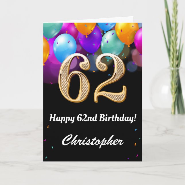 Carte 62e anniversaire Ballons noirs et dorés (Devant)