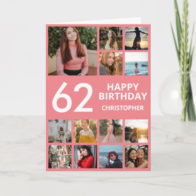 Carte 62e anniversaire Collage photo 13 Photos rose et b (Devant)