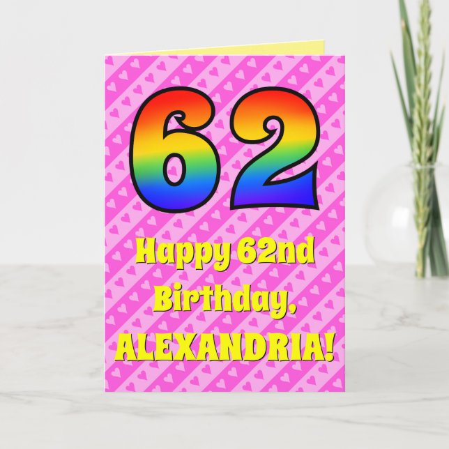 Carte 62e anniversaire : Pink Stripes & Hearts, Arc en c (Devant)