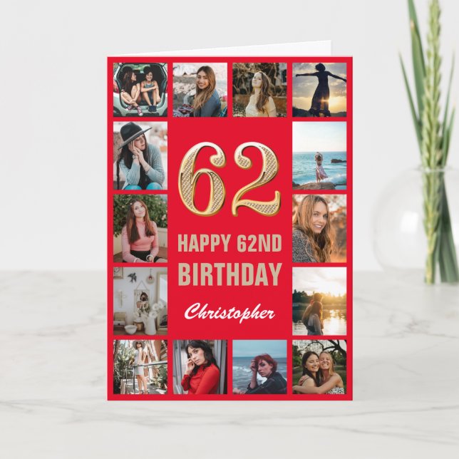 Carte 62e Joyeux Anniversaire Collage photo rouge et or (Devant)
