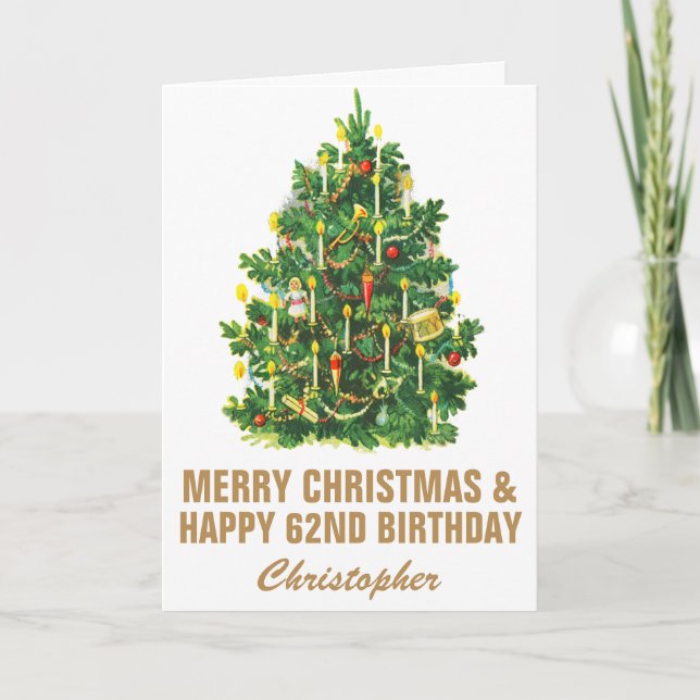 Carte 62e Joyeux Anniversaire et Joyeux Arbre de Noël (Devant)