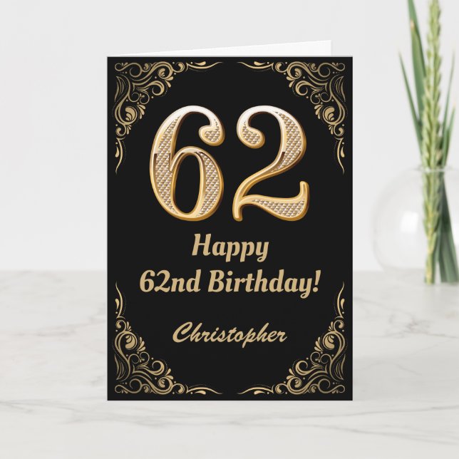 Carte 62ème anniversaire Parties scintillant noir et or (Devant)