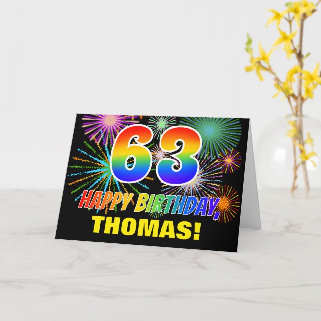 Carte 63e anniversaire : Gras, Amusants, Feu d'artifice, (Fleur jaune)