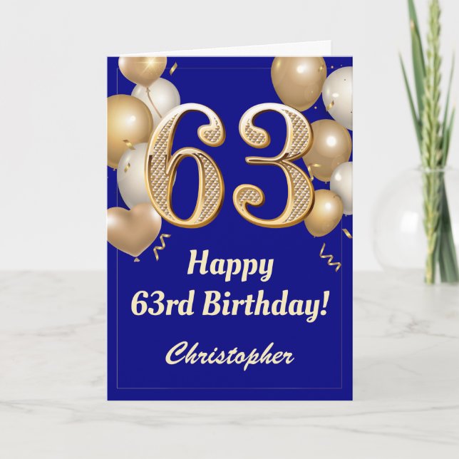 Carte 63e anniversaire Marine Bleu et Ballons d'or Confe (Devant)