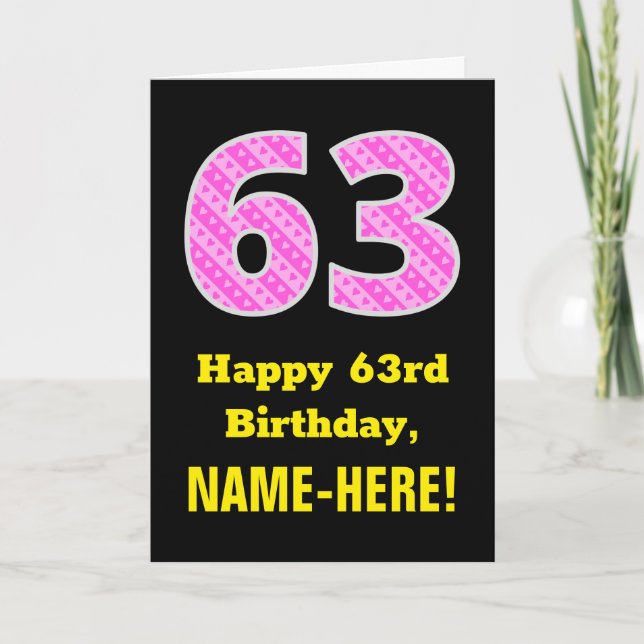 Carte 63e anniversaire : Pink Stripes and Hearts "63" +  (Devant)