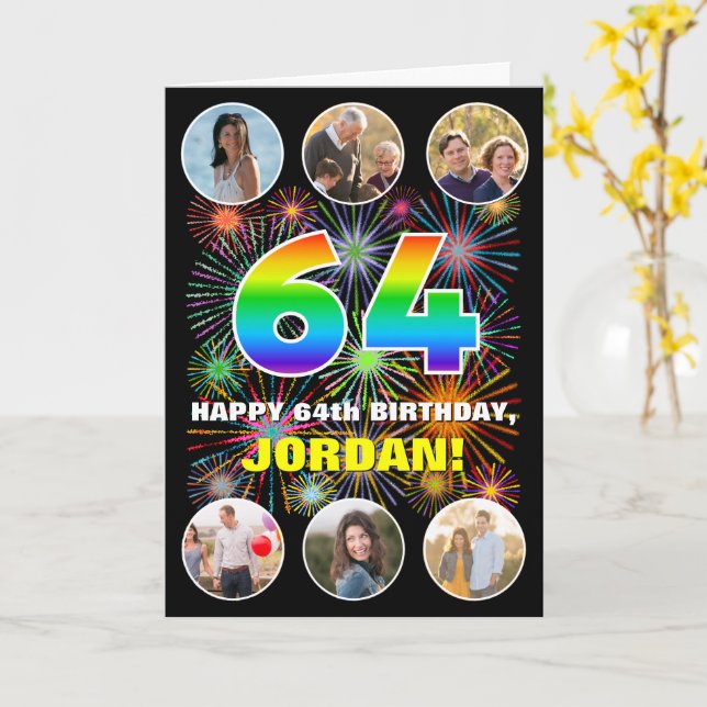 Carte 64e anniversaire : Arc en ciel amusant #, Nom pers (Fleur jaune)