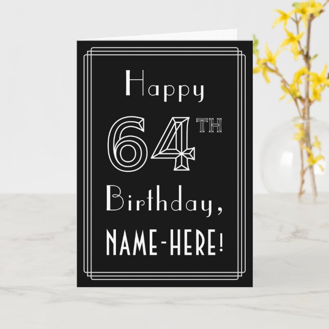 Carte 64e anniversaire : Art Déco Style # 64 & Nom perso (Fleur jaune)