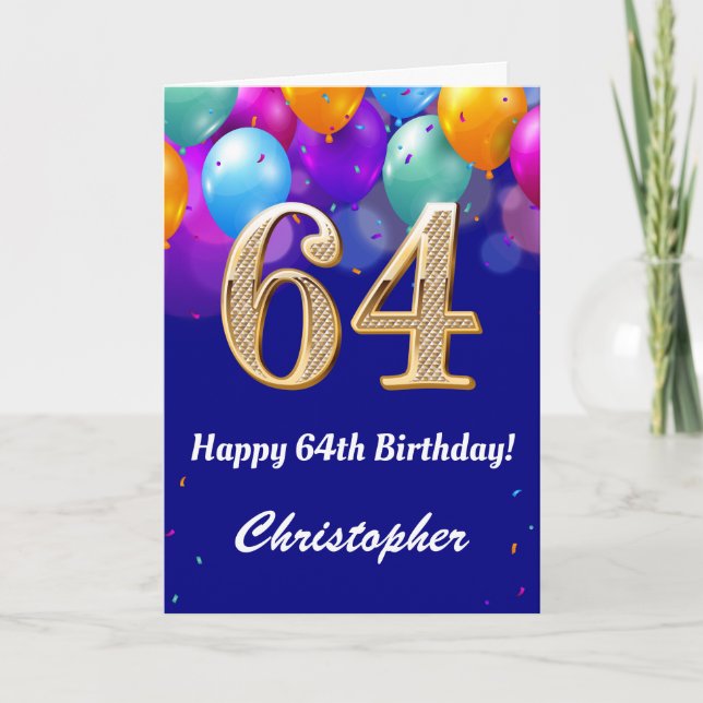 Carte 64e anniversaire Ballons bleu et or couleur marine (Devant)