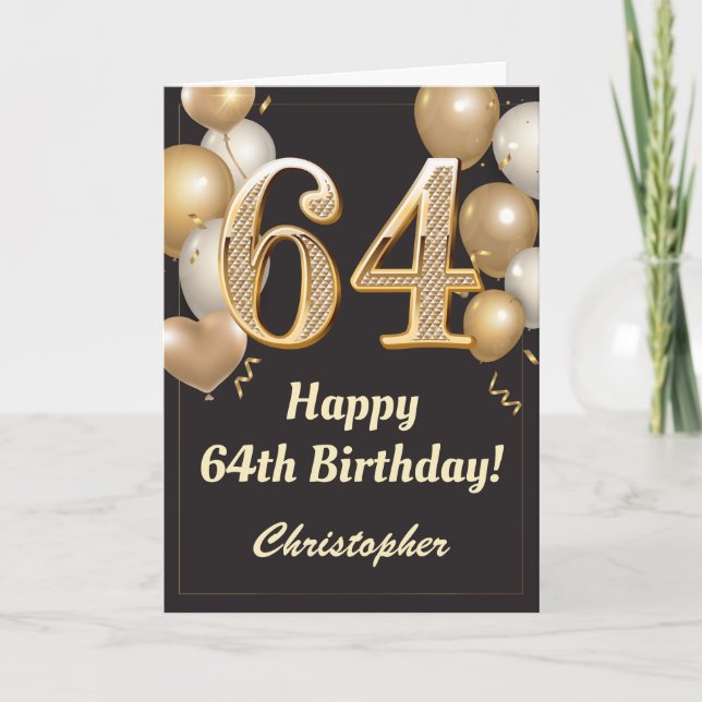 Carte 64e anniversaire Ballons Noir et Or Confetti (Devant)