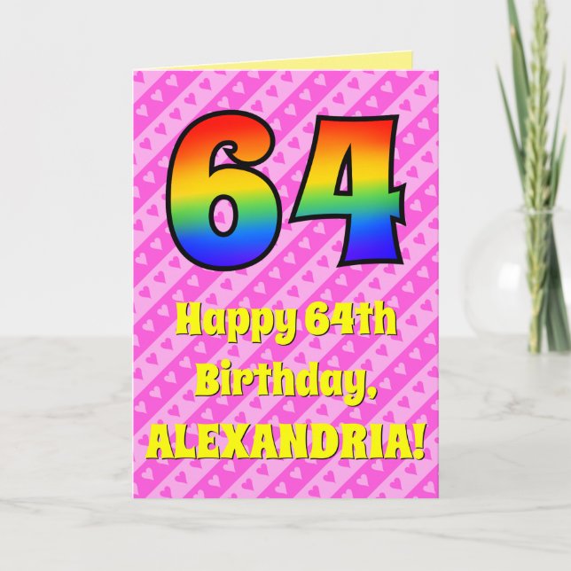 Carte 64e anniversaire : Pink Stripes & Hearts, Arc en c (Devant)