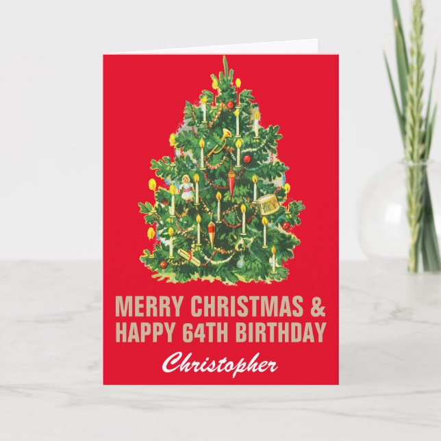 Carte 64e Joyeux anniversaire et Joyeux Noël Rouge & Or (Devant)