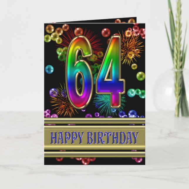 Carte 64ème anniversaire avec bulles arc-en-ciel et feux (Devant)