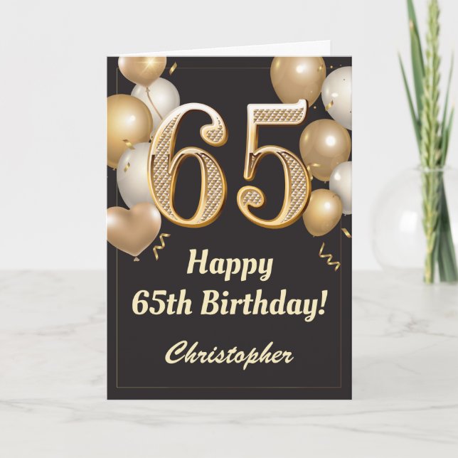 Carte 65e anniversaire Ballons Noir et Or Confetti (Devant)