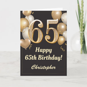 Carte 65e anniversaire Ballons Noir et Or Confetti