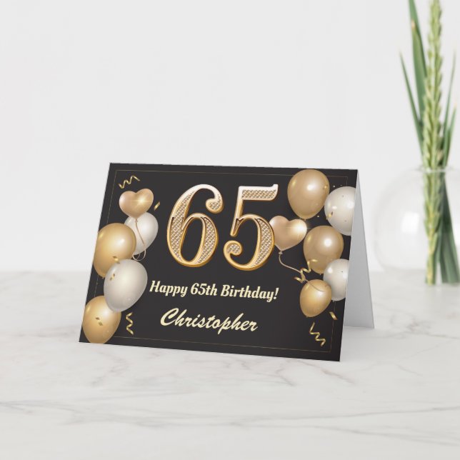 Carte 65e anniversaire Ballons noirs et or Anniversaire (Devant)