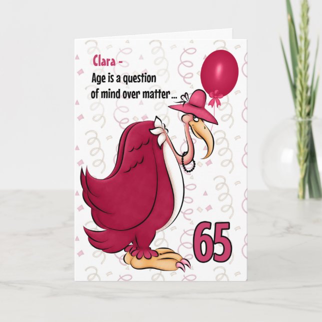 Carte 65e Anniversaire drôle Buzzard rose avec nom (Devant)