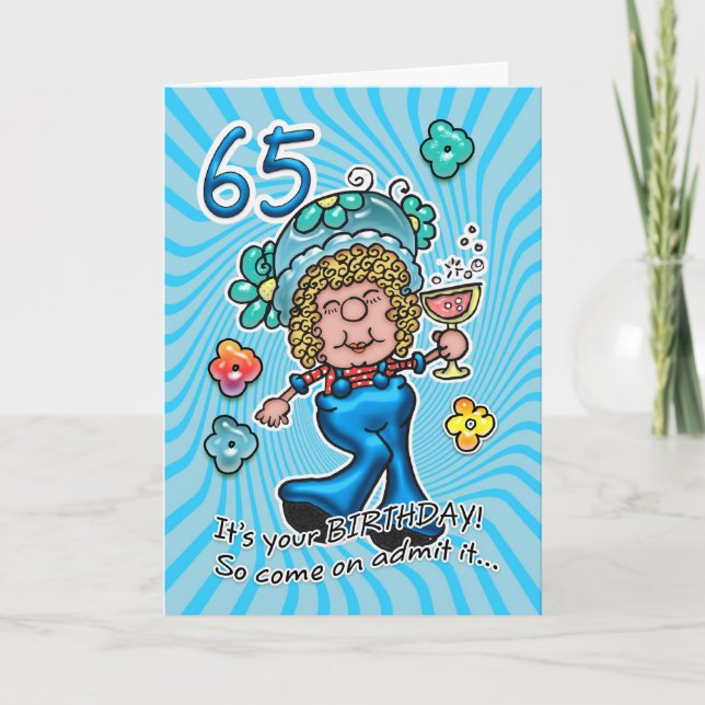 Carte 65e Anniversaire - Fun Lady Avec Verre De Vi (Devant)