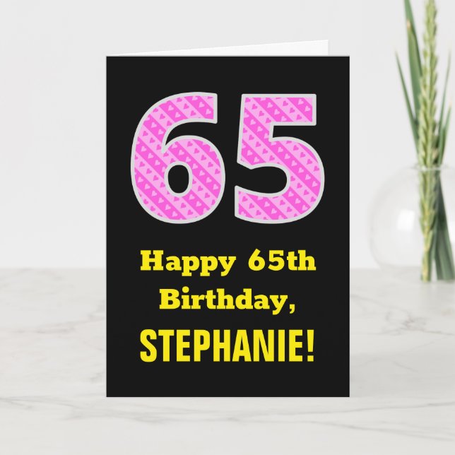 Carte 65e anniversaire : Pink Stripes and Hearts "65" +  (Devant)
