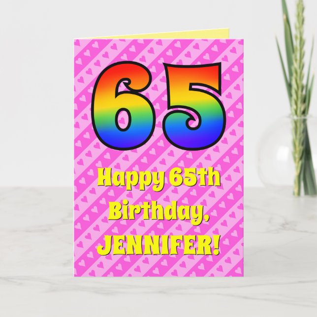 Carte 65e anniversaire : Pink Stripes & Hearts, Arc en c (Devant)