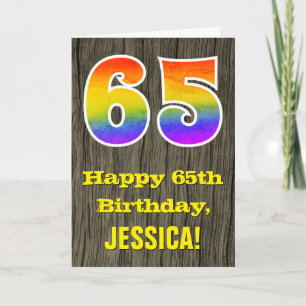 Carte 65e anniversaire : Rustic Faux Wood Look, Arc-en-c