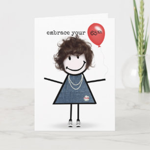 Carte 65e Anniversaire Stick Figure Girl avec Ballons Ro
