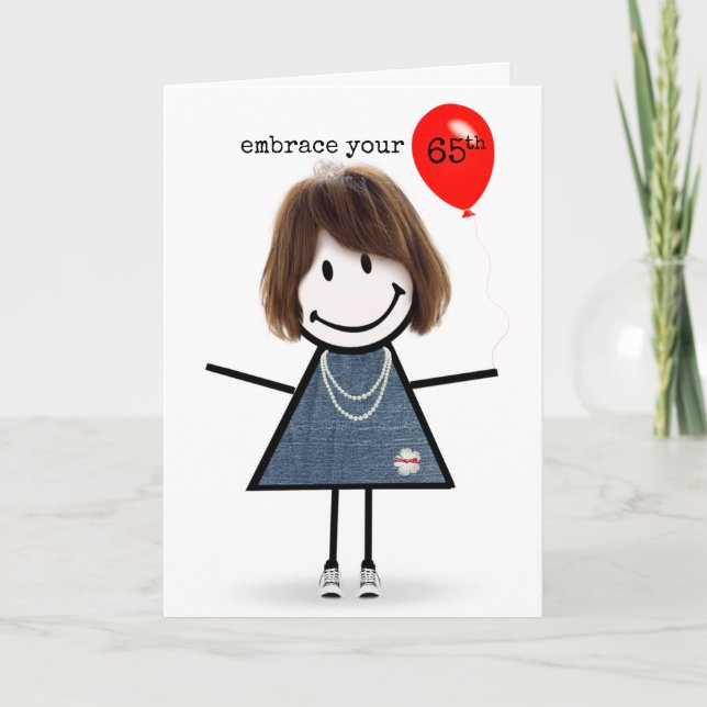 Carte 65e Anniversaire Stick Figure Girl avec Ballons Ro (Devant)