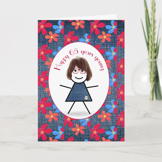 Carte 65e Anniversaire Stick Girl and Daisies On Denim (Devant)
