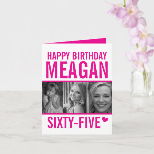 Carte 65e anniversaire trois photos rose chaud et blanc 