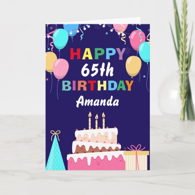 Carte 65e Joyeux Anniversaire Ballons gâteau bleu marine (Devant)