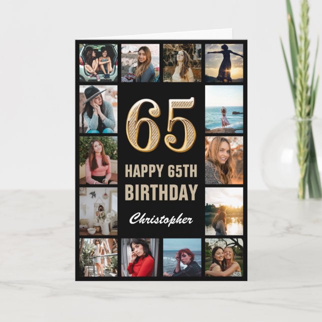 Carte 65e Joyeux Anniversaire Black and Gold Photo Colla (Devant)