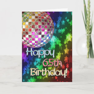 Carte 65ème anniversaire avec boule disco et arc-en-ciel