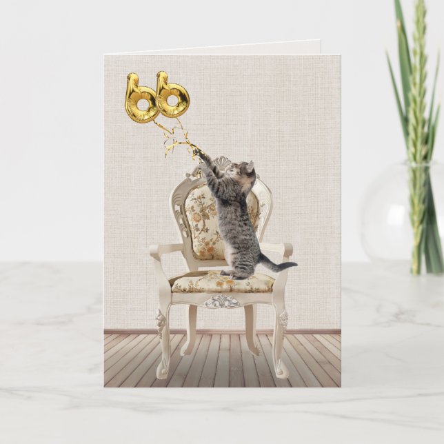 Carte 66e anniversaire Ballons et Tabby Cat (Devant)