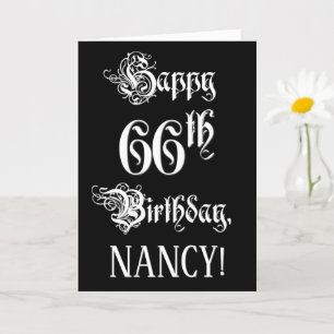 Carte 66e anniversaire : fantaisie, élégant script + Nom