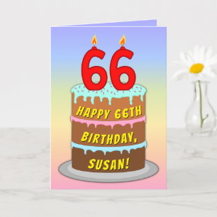 Carte 66e anniversaire — Fun Cake & Candles, avec nom pe