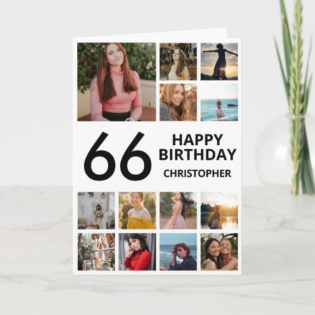 Carte 66e anniversaire Photo Collage 13 photos noir blan (Devant)